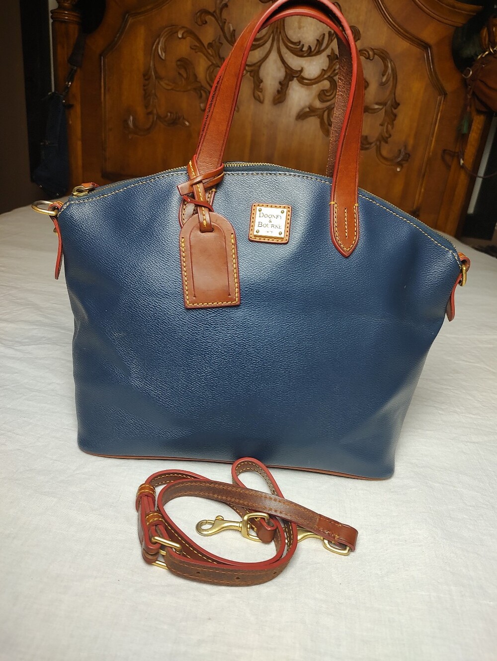 Dooney & Bourke Navy Leather Tote with Brown Trim and Strap